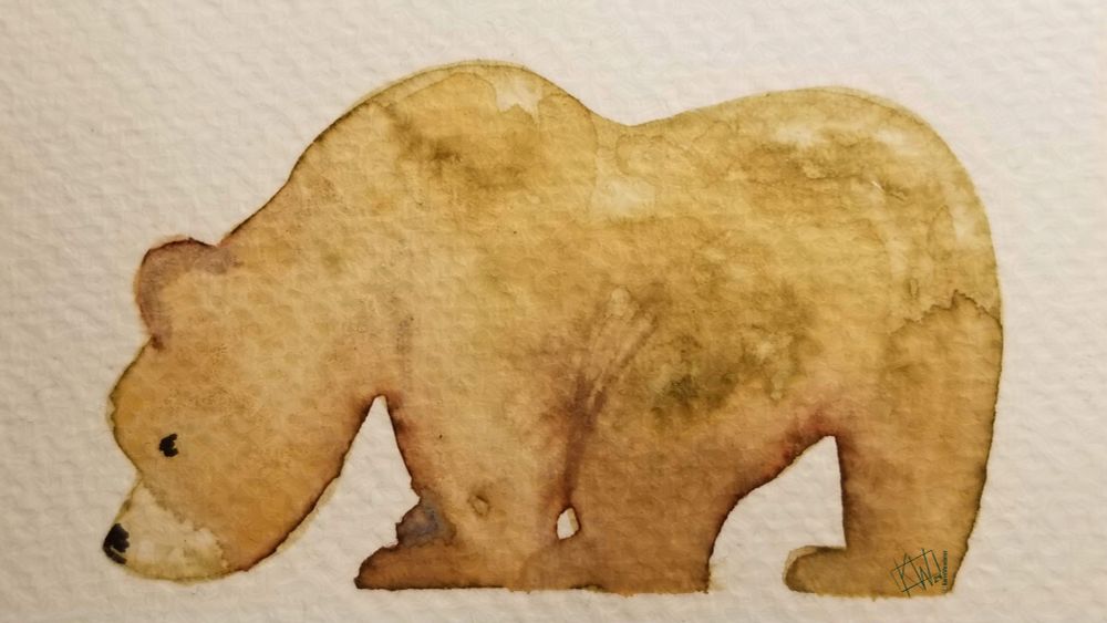 Watercolor of a grizzly bear ready to set off on an adventure.