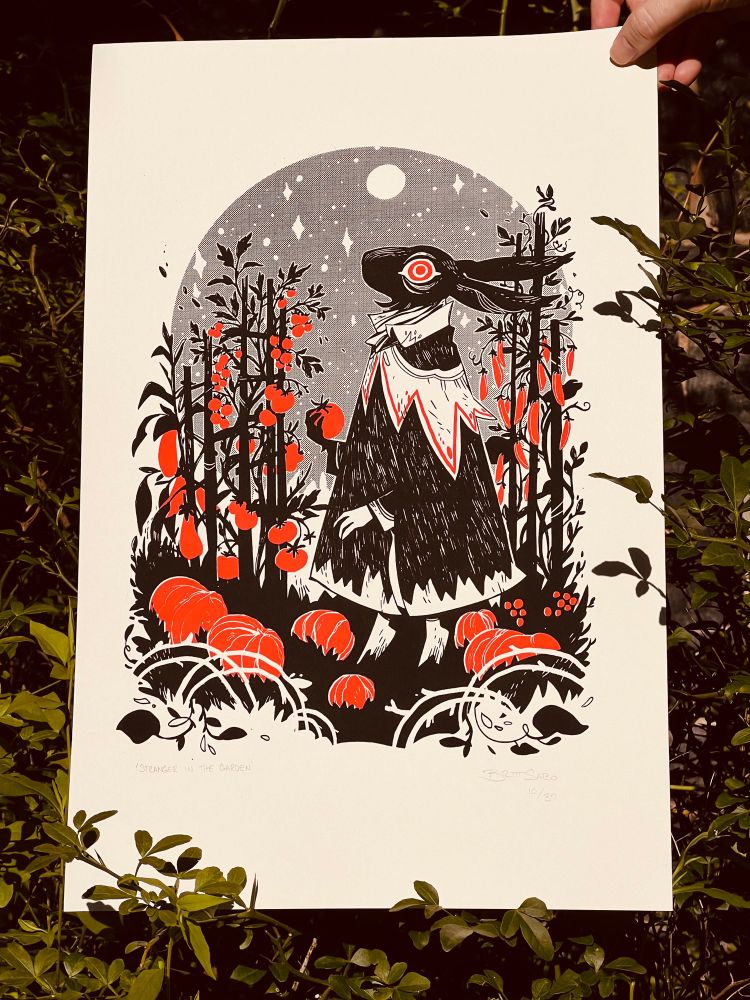 Screen print of a cloaked hare entering a vegetable garden at night, picking a tomato
