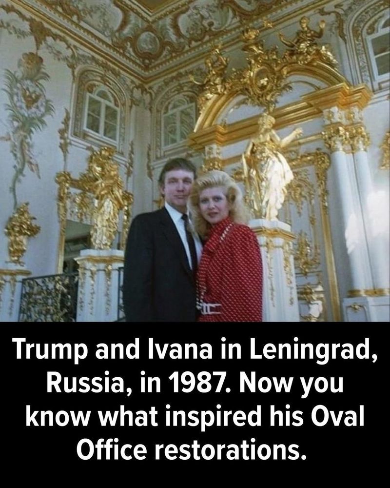 A photo of Trump and his first wife, Ivana, in Leningrad in 1987. They're in a white neoclassical/baroque room that has an overwhelming amount of gilded adornments everywhere.
