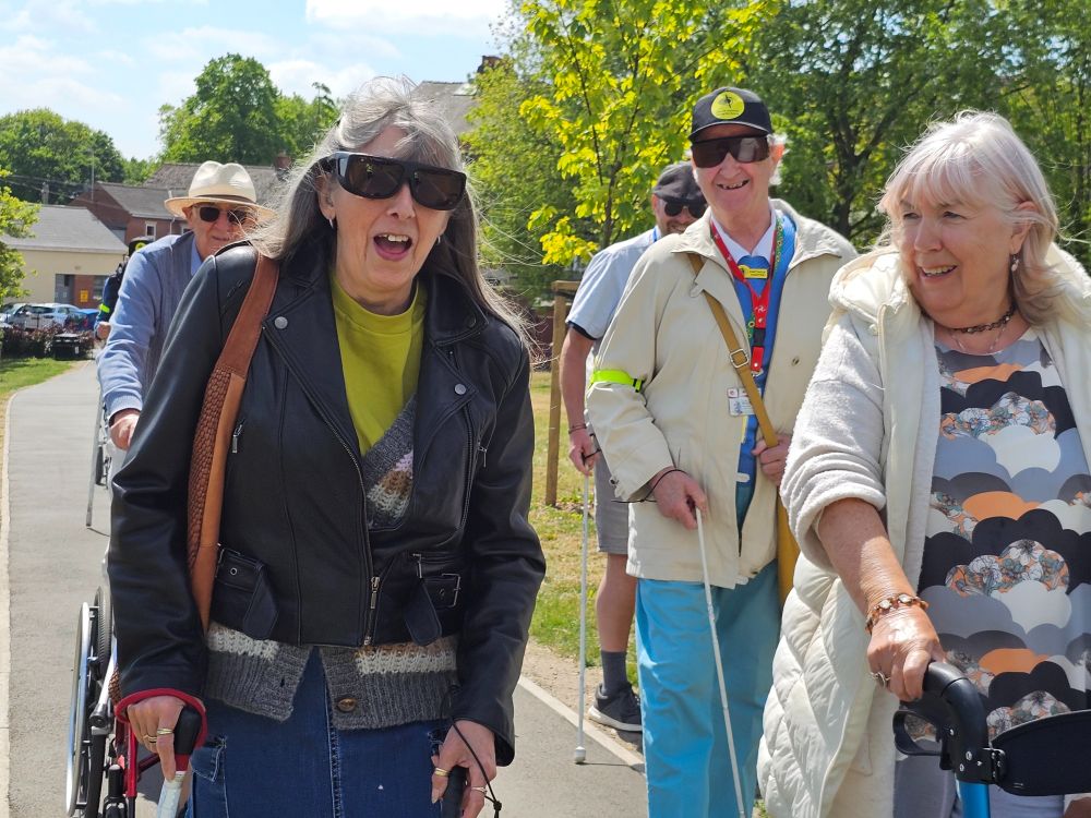 A group of visually impaired people walking in a park. 