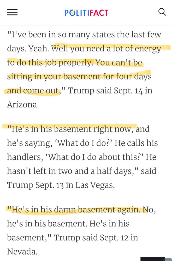 Excerpt from 2020 Politifact article in which Trump complains about biden’s “basement campaign”