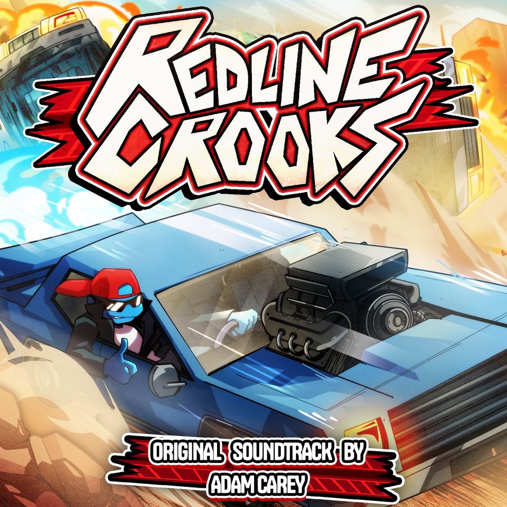 cover art for the original soundtrack of Redline Crooks

across the top reads REDLINE CROOKS in a stylized, angular, bold font in white text with a red outline. below this is a picture of a blue car speeding through a dust cloud with an exposed, large black engine block. the driver is visible, with his head and arm leaned outside the window. they're wearing a backwards red cap, a black jacket, white shirt, and are giving a thumbs up. at the bottom of the image reads: original soundtrack by Adam Carey

art by Sam Filstrup https://samfilstrupart.myportfolio.com/