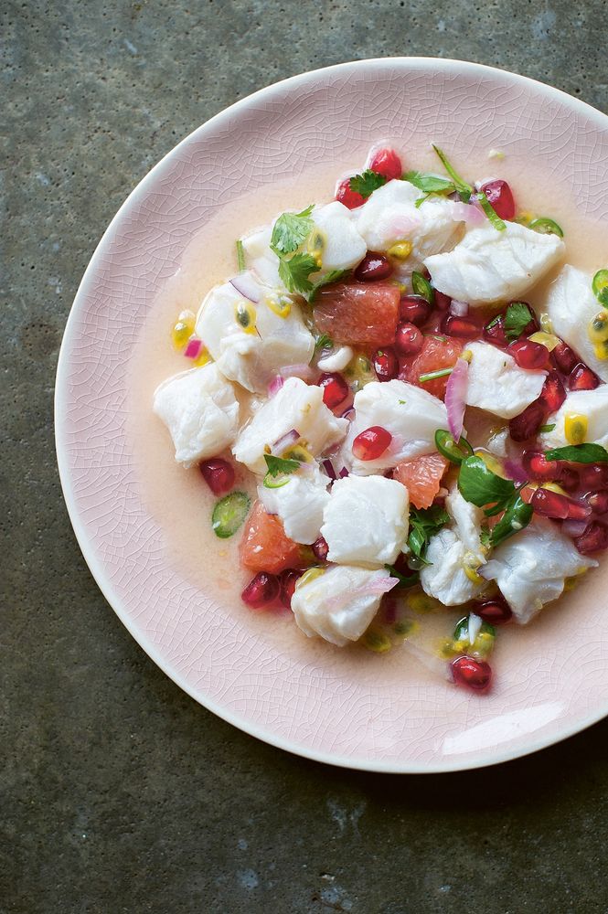 Photograph of Passion Fruit, Grapefruit and Pomegranate Ceviche, from Sour: The Magical Element That Will Transform Your Cooking by Mark Diacono