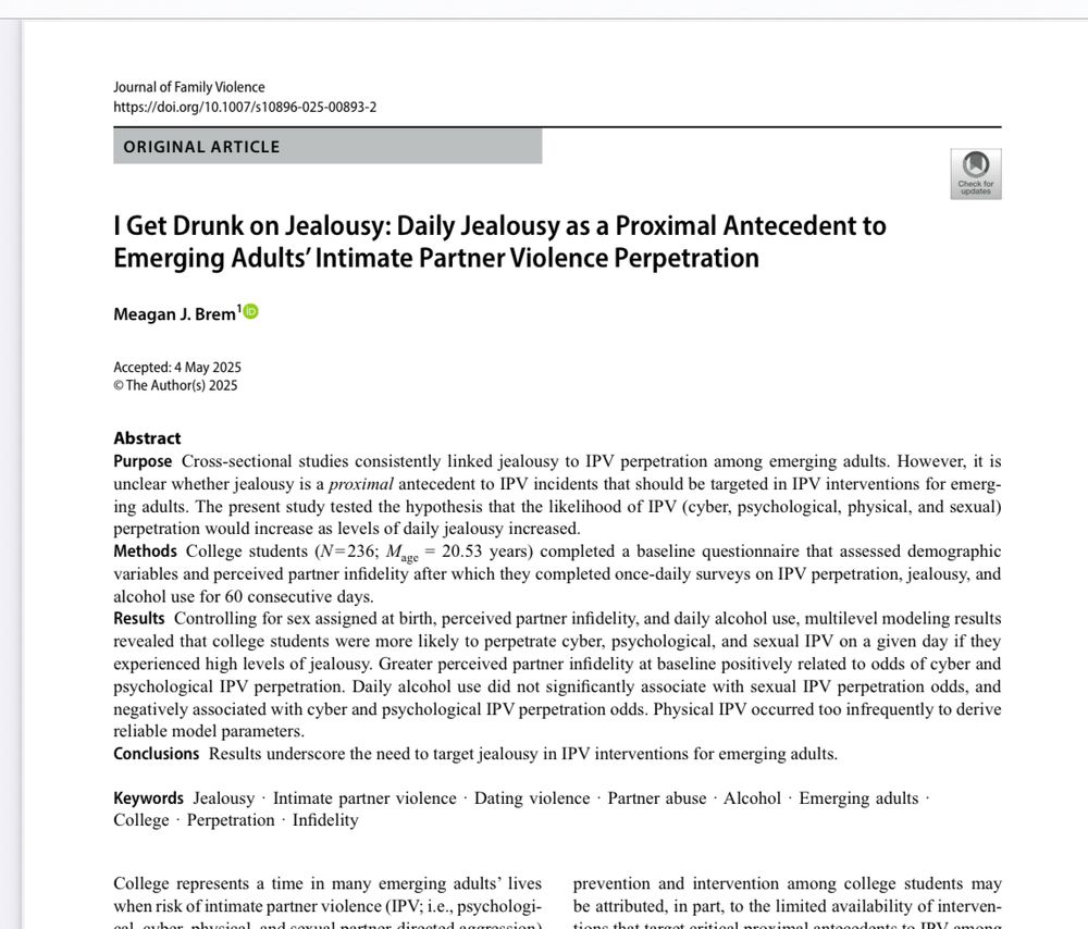 Title page for article, “I get drunk on jealousy: Daily jealousy as a proximal antecedent to emerging adults’ intimate partner violence perpetration” by Meagan J. Brem.