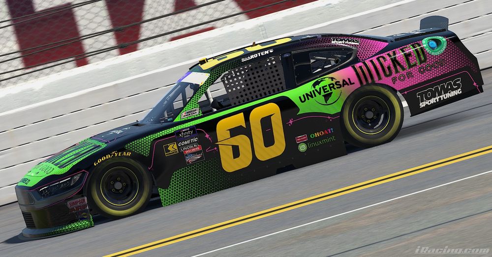 a black NASCAR Xfinity Series Ford Mustang Dark Horse stock car, #60, with a green and pink paint scheme sponsored by Wicked: For Good, side view.