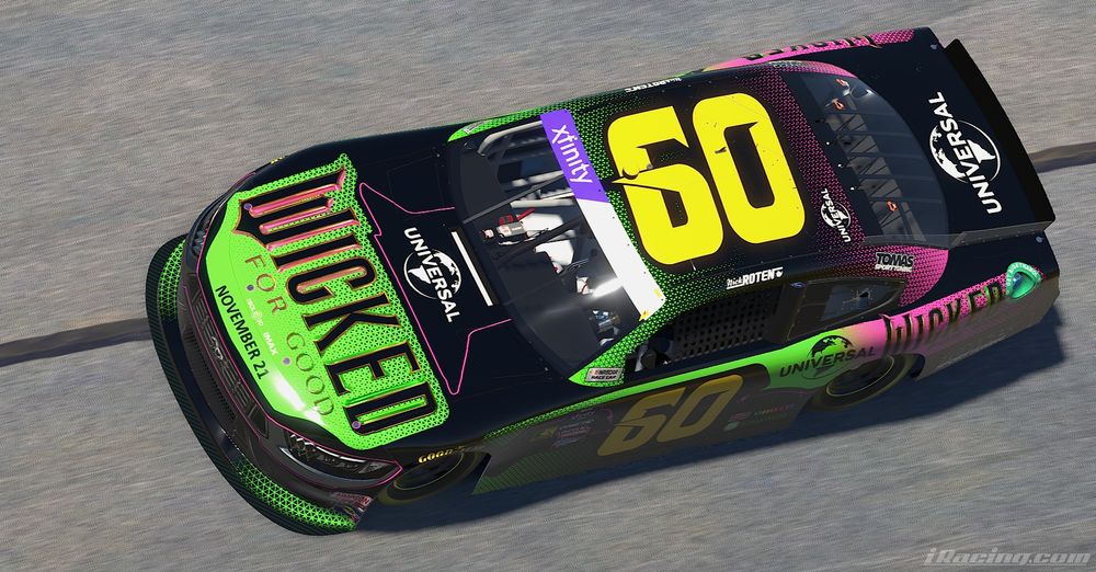 a black NASCAR Xfinity Series Ford Mustang Dark Horse stock car, #60, with a green and pink paint scheme sponsored by Wicked: For Good, top view.