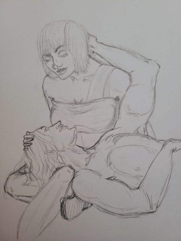 Osha Aniseya sits with her legs folded up and with Qimir's head in her lap, stroking his hair. All in pencil. 