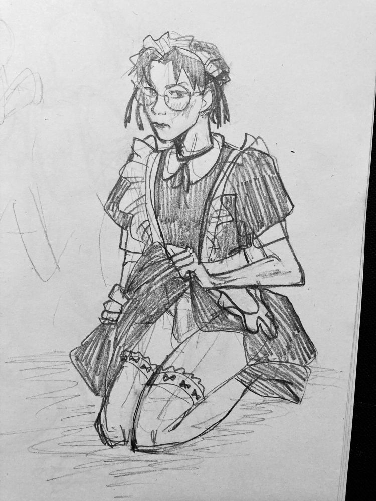shen yuan dressed in a maid outfit, posing pin up style and glaring. she is lifting the hem of her skirt to reveal the tops of thigh high stockings and the titular peerless cucumber in plain panties 