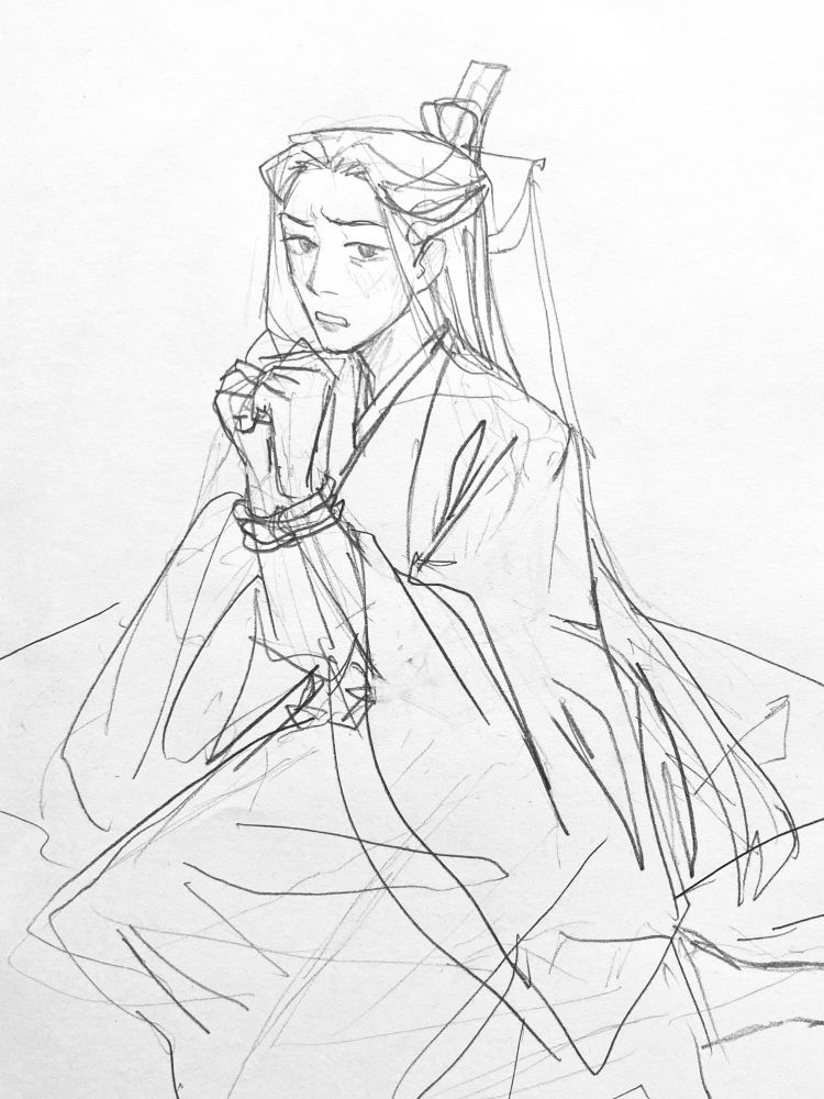 a view of shen qingqiu from above, implied from binghe pov. he is sitting on the floor with his wrists tied in front of him, blushing and looking apprehensive with his robes fanned around him 