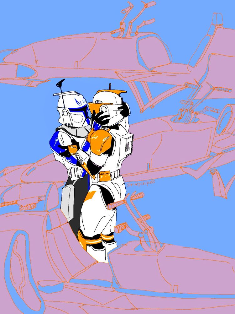 redraw of a photo of two f1 drivers clutching each other closely with their helmets still on but it’s rex and cody from star wars surrounded by barc speeders