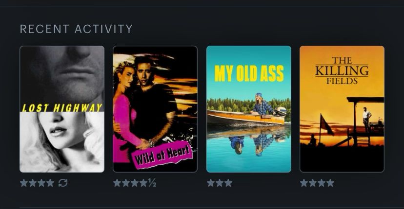Last four watched
Lost highway
Wild at heart
My old ass
The killing fields