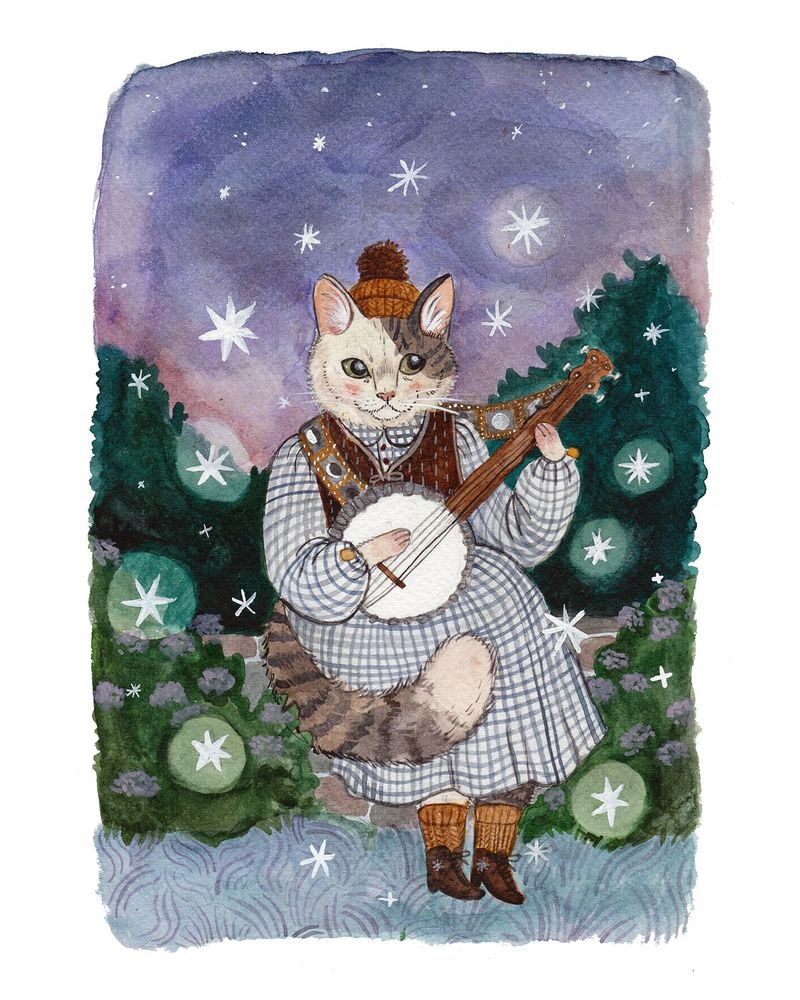 A watercolour illustration of a cat in a dress playing banjo with stars all around her.