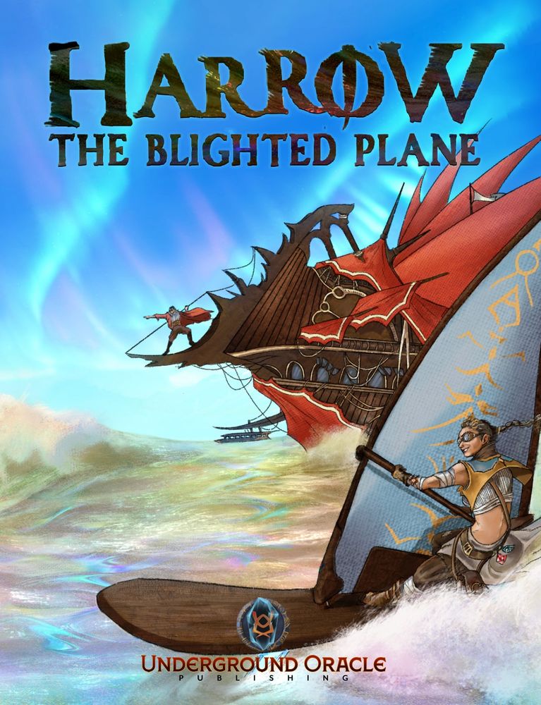 Cover of Harrow: The Blighted Plane by Underground Oracle, featuring windsurfers on a sparkling sea.