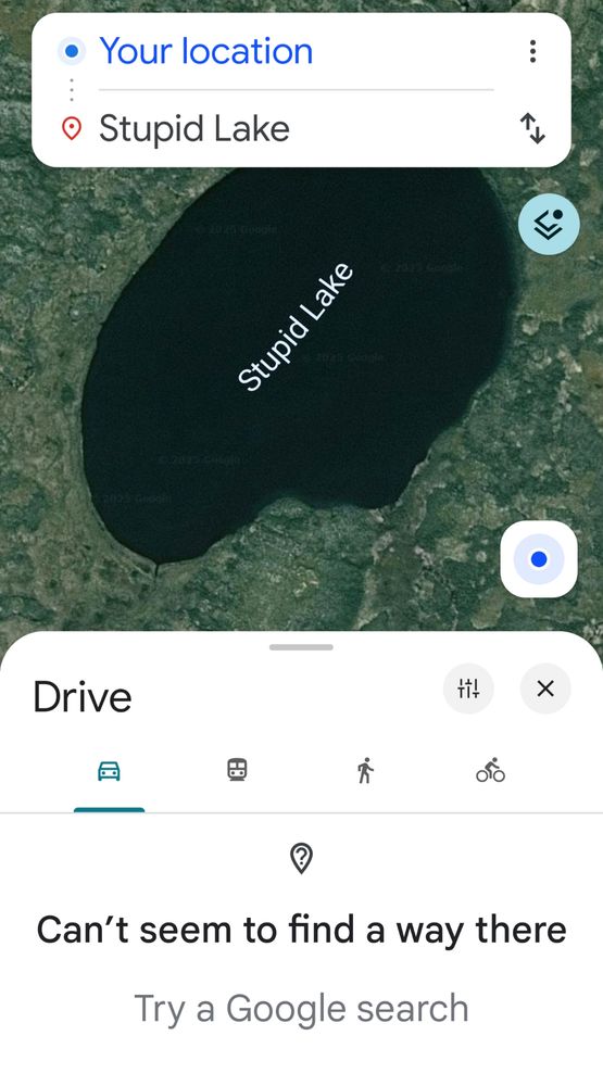 Screenshot of Google Maps showing a direction search from my location to Stupid Lake, Manitoba.  The Google says "Can't seem to find a way there."
