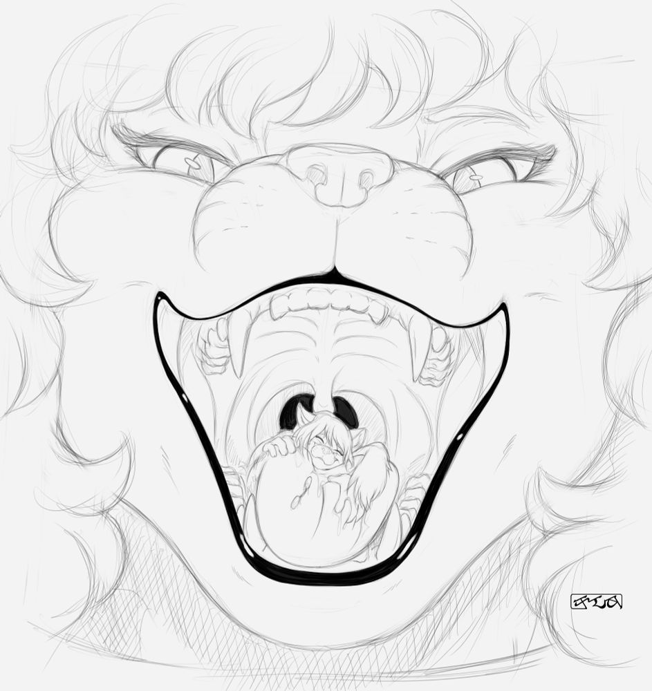 Close-up face view of giant feline lady Rha, Arilin. Arilin has her mouth open to show off she has MrPerson, the Catdragon laying on her tongue. MrPerson is soaking wet and smiling happily at being in Arilin's mouth.