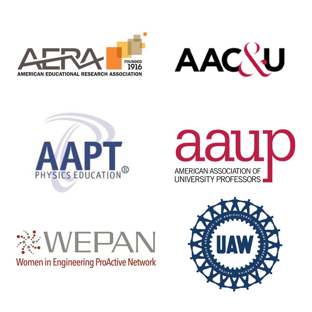 AERA, American Association of Colleges and Universities (AAC&U), American Association of Physics Teachers (AAPT), American Association of University Professors (AAUP), Women in Engineering ProActive Network (WEPAN), and United Auto Workers (UAW) logos