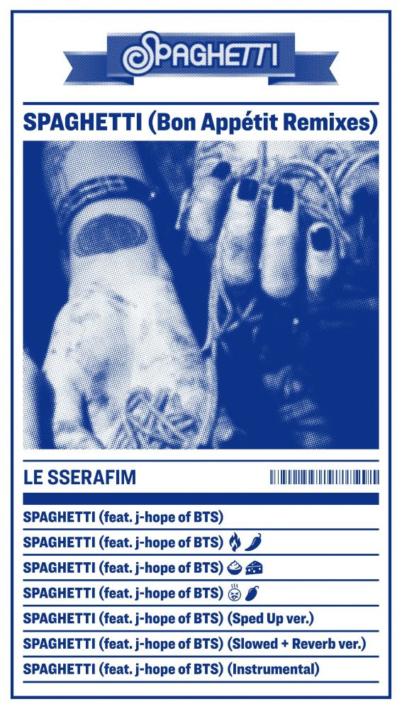 Blue and white graphic listing the Spaghetti Bon Appétit Remixes. 