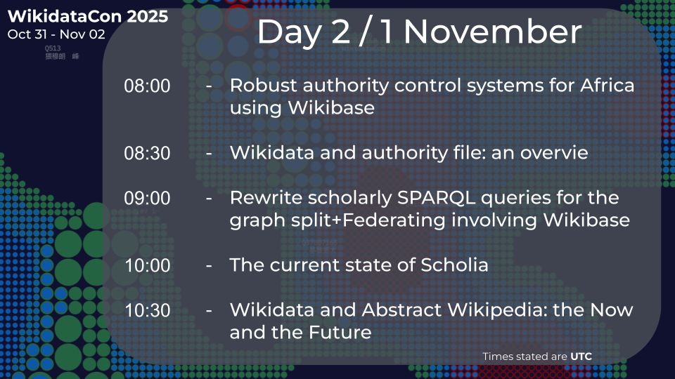 Timetable for today's sessions, available at: https://pretalx.com/wikidatacon-2025/schedule/