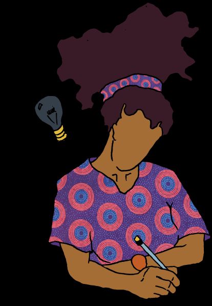 Description 	
English: Illustration of a woman seeking inspiration for a French-language project that introduces Creative Commons to teenagers.