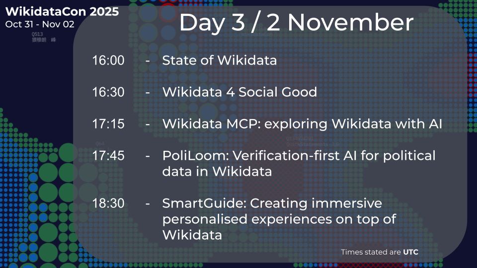Timetable for today's sessions, available at: https://pretalx.com/wikidatacon-2025/schedule/