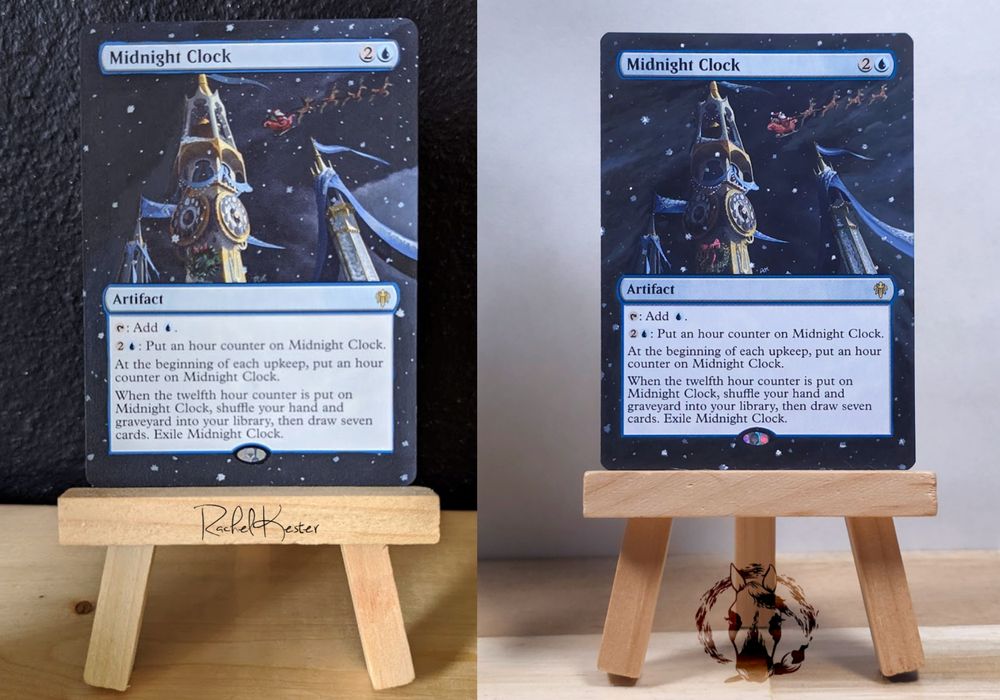 Magic the Gathering Hand Painted Alteration on Midnight Clock. Alteration is an extension of the original artwork turned into a winter scene featuring a snowy sky and a jolly saint nick and his reindeer.