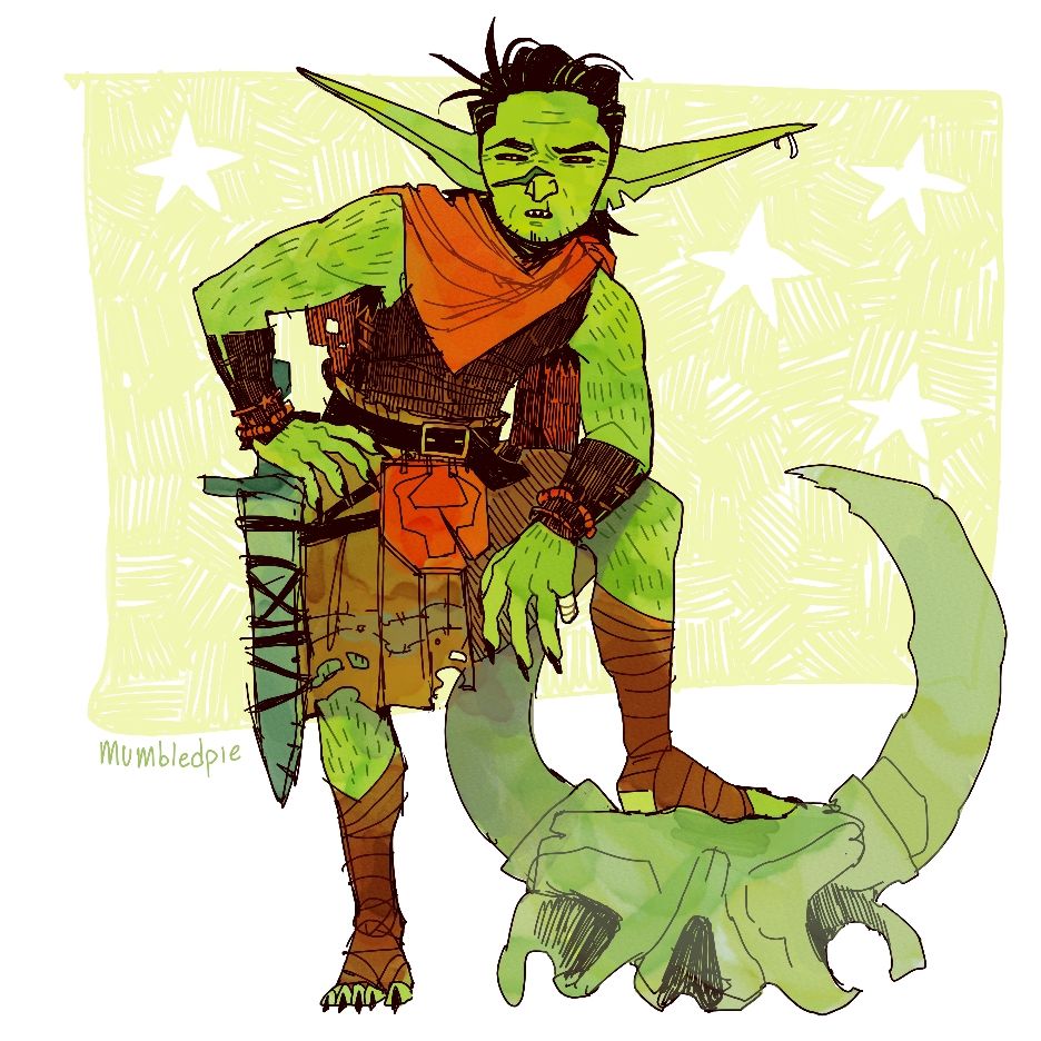 Goblin standing on a monster skull. 