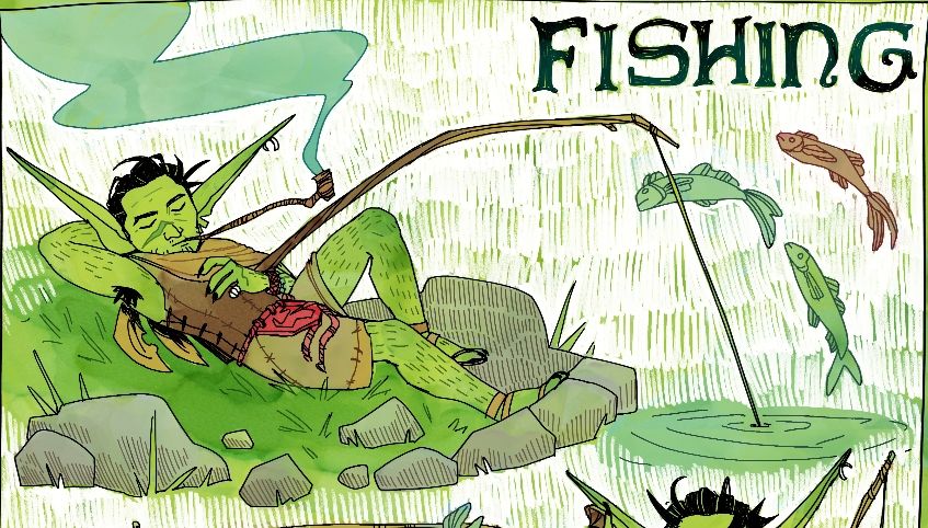 Crumbs the goblin sleeping by the pond while fishing.