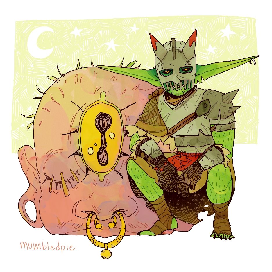 Goblin sitting next to a cyclops head. He likes the challenge.