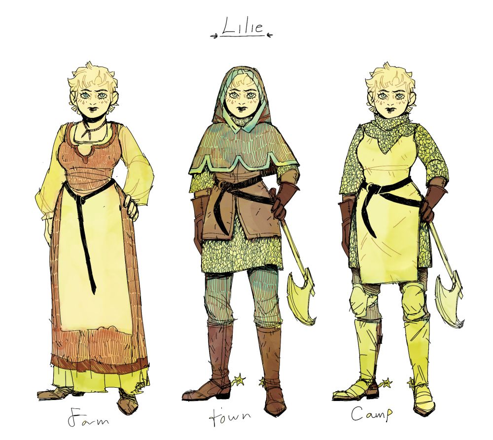 Novice knight Lilie. If a bull in a china shop was a person. On the left, her peasant core outfite. Live by the fields die by the fields. Middle, out on the town. No neck no problem. Right, unpaid intern fit. Choping heads taking names.