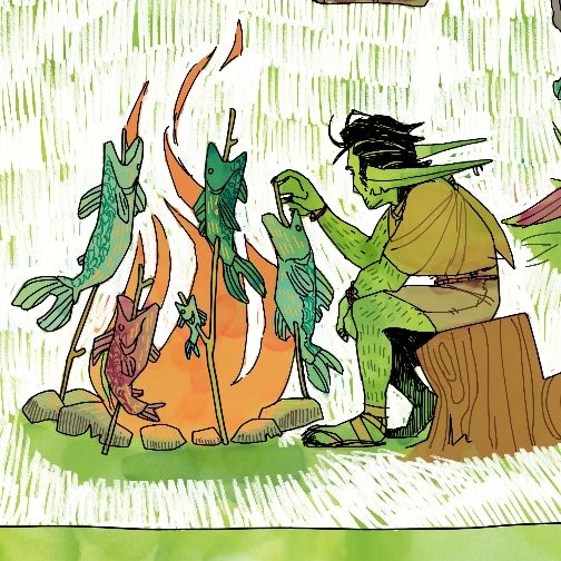 Crumbs the goblin cooking fish by the fire