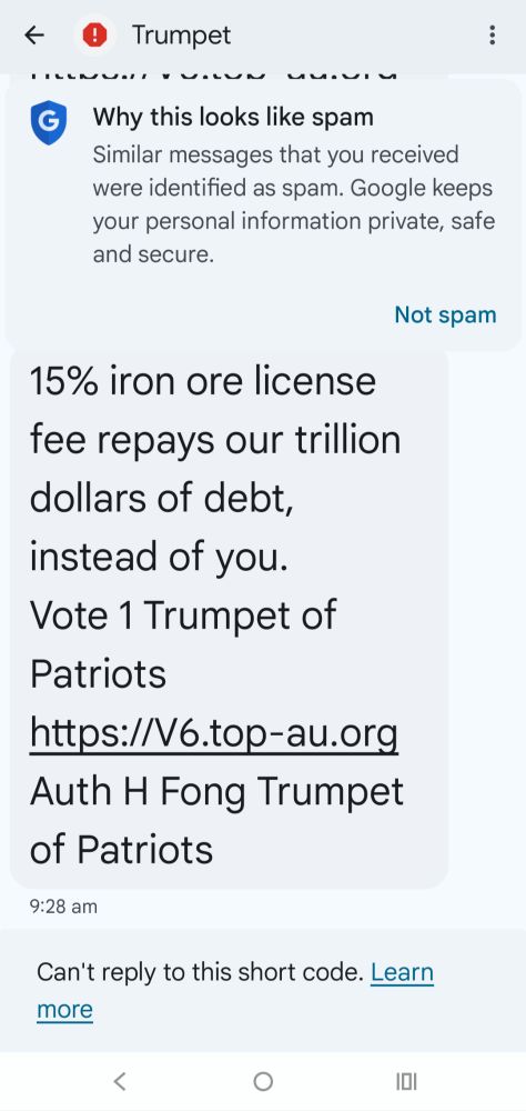 Screen shot of text message from Trumpet of Patriots or as I call them Murder of Morons in my spam folder