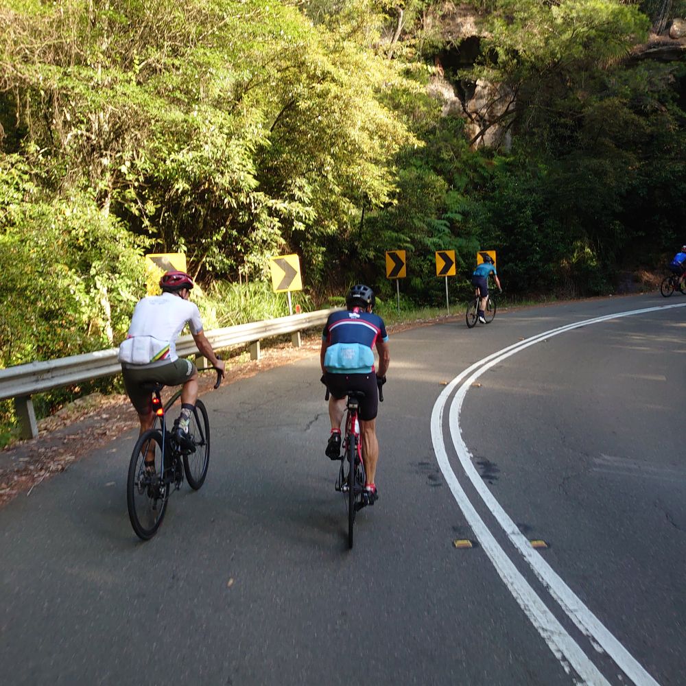 4 cyclists riding uphill out of Galston Gorge