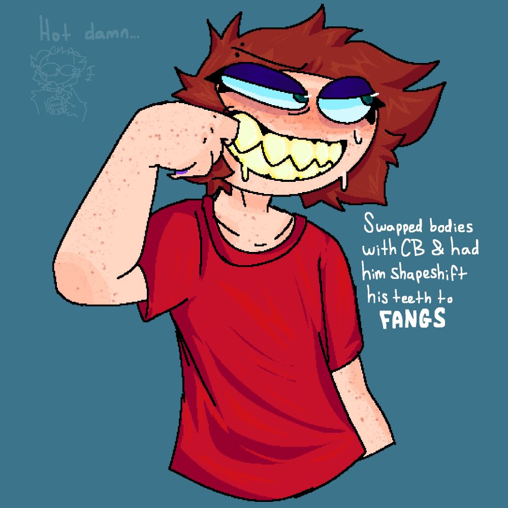 a halfbody, shaded drawing of Dunkin pulling the corner of his mouth  aside to reveal his sharp teeth. he's looking away and sweating nervously. there is text next to him that reads: "swapped bodies with cb and had him shapeshift his teeth to FANGS"