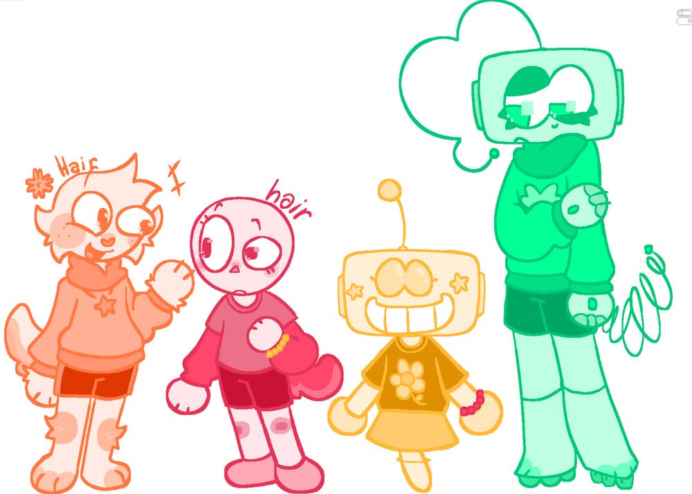 little doodles of Lucky, Tristan, Playrobot, and Clovver in that order. They're all drawn in their respective colors, Lucky being orange, Tristan being red, Playrobot being yellow, and Clovver being Mint green. 
lucky is chatting happily with Tristan, who seems interested. Playrobot is staring into your soul, and Clovver is glancing down at her with discomfort. Playrobot is the shortest, Tristan is about half a head taller than Playrobot, Lucky is that much taller than Tristan, and Clovver is two Playrobots tall. 