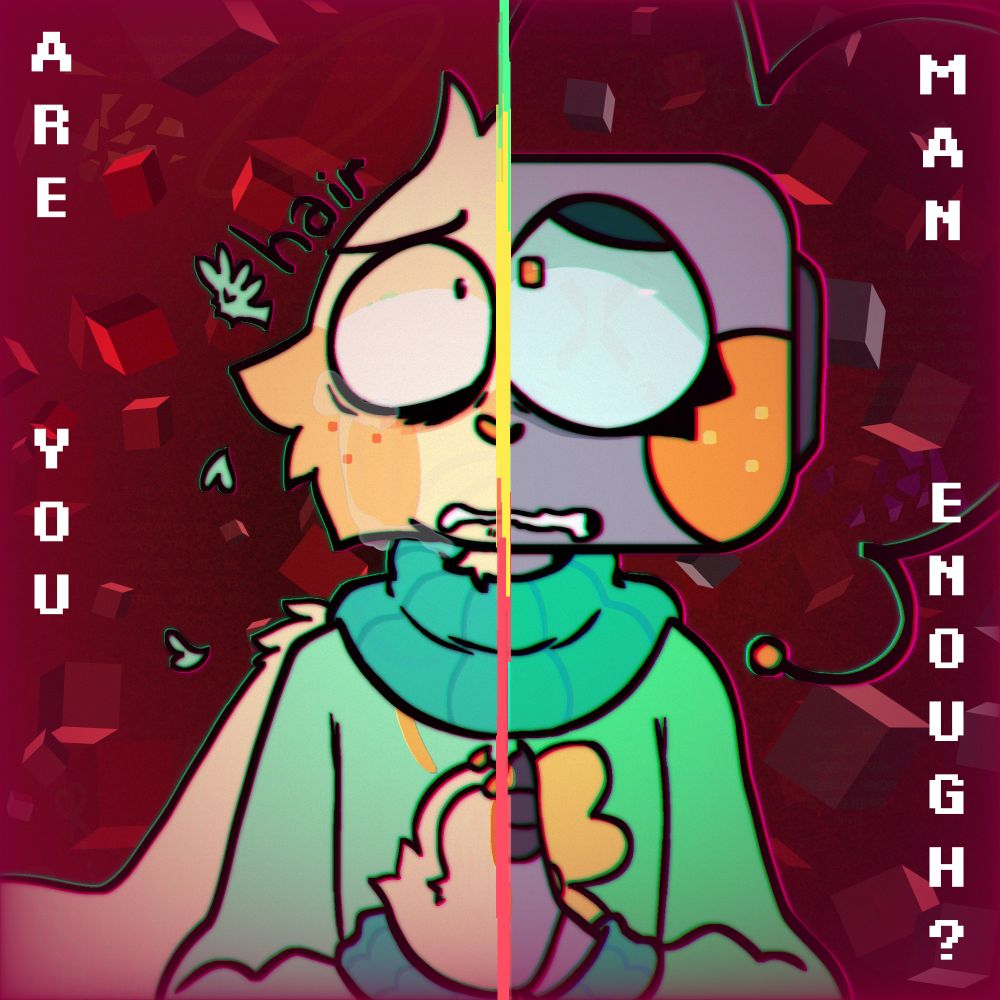 a drawing of lucky and clovver doing prayer hands, split down the middle. there is text that reads "ARE YOU MAN ENOUGH?"
