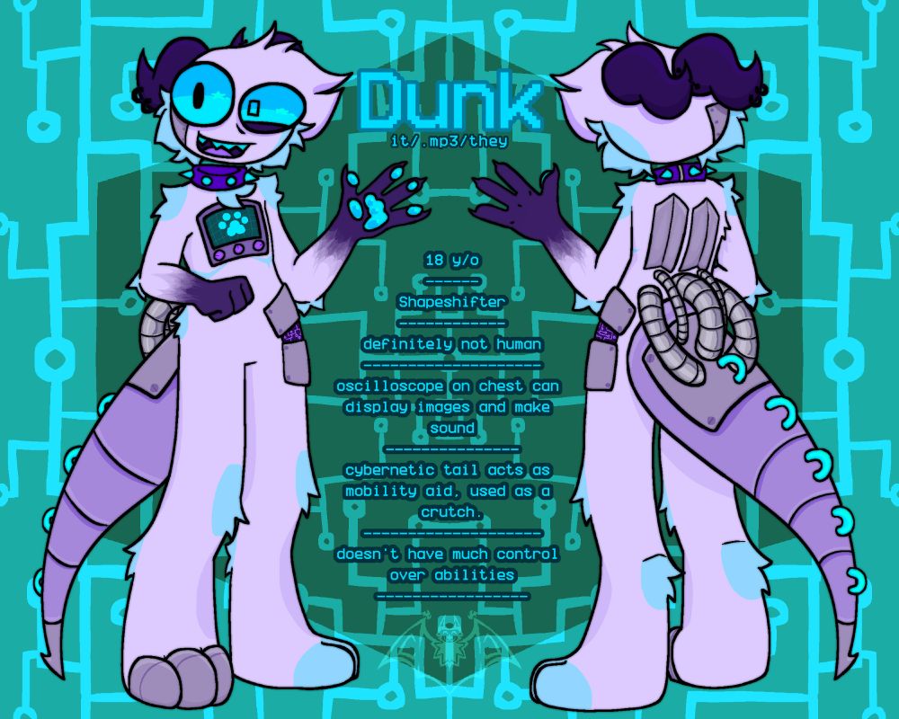 a ref sheet of my new persona. 

Dunk, pronouns it/.mp3/they

18 years old, shapeshifter, definitely not human, oscilloscope on chest can display images and make sound, cybernetic tail acts as a mobility aid, used as a crutch. doesnt have much control over abilities