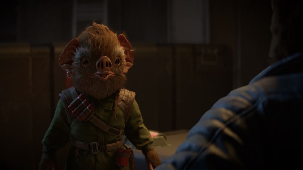 Image of “ANK” - Chadra-Fan character in Star Wars Outlaws. She’s a small, furry, rodent-like creature wearing a green, military-like suit.