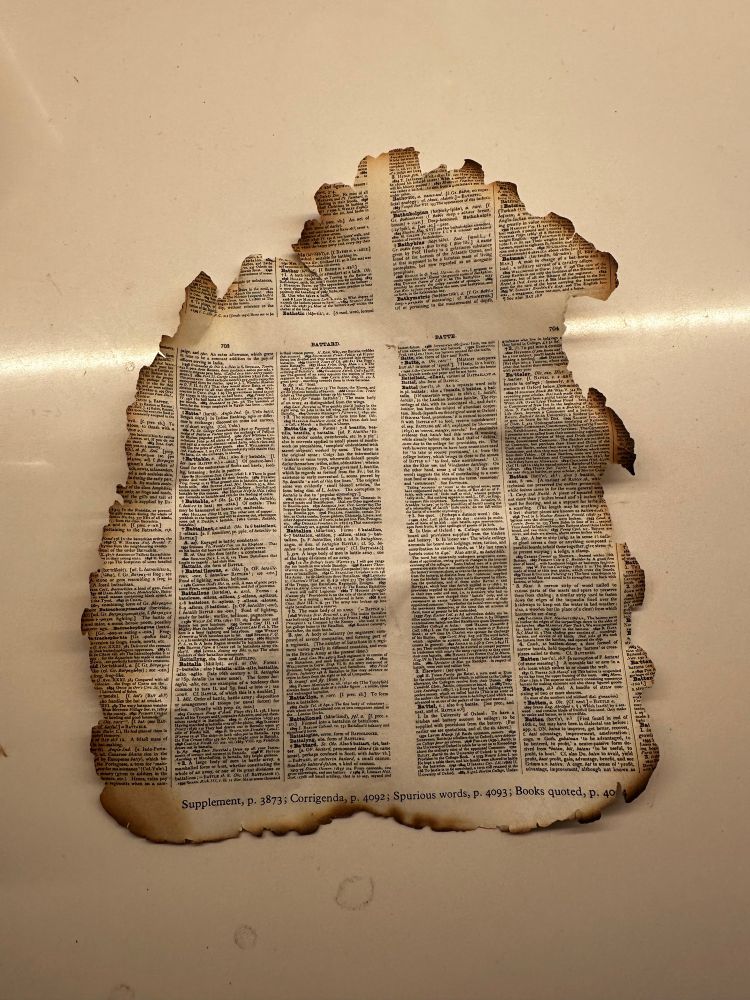 Impossibly, this photo shows the single page from what appears to be an old dictionary… the edges perfectly burned and curled.