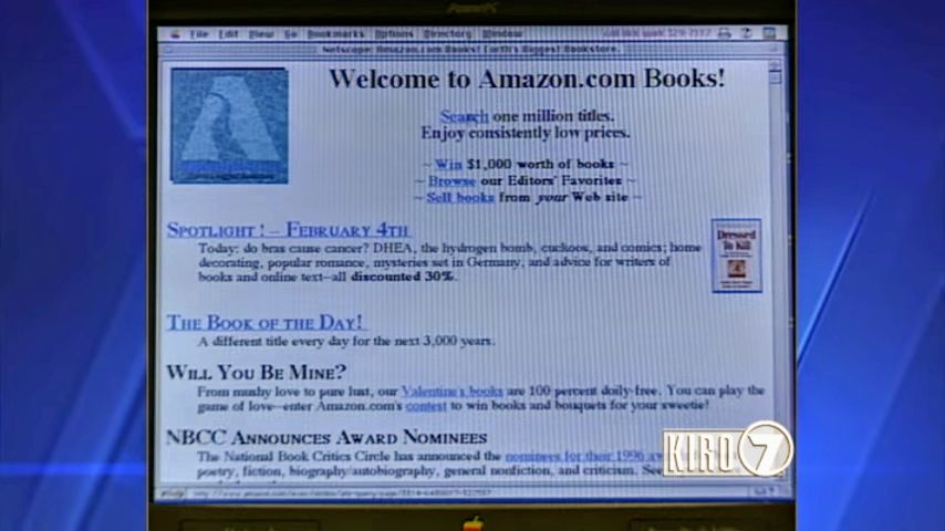 Website for Amazon.com circa 1997. It's old and simple and says "Welcome to Amazon.com Books!" at the top