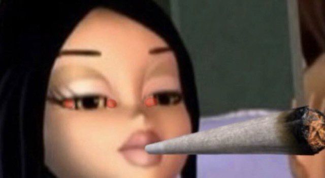 female sim with red eyes smoking a huge joint 