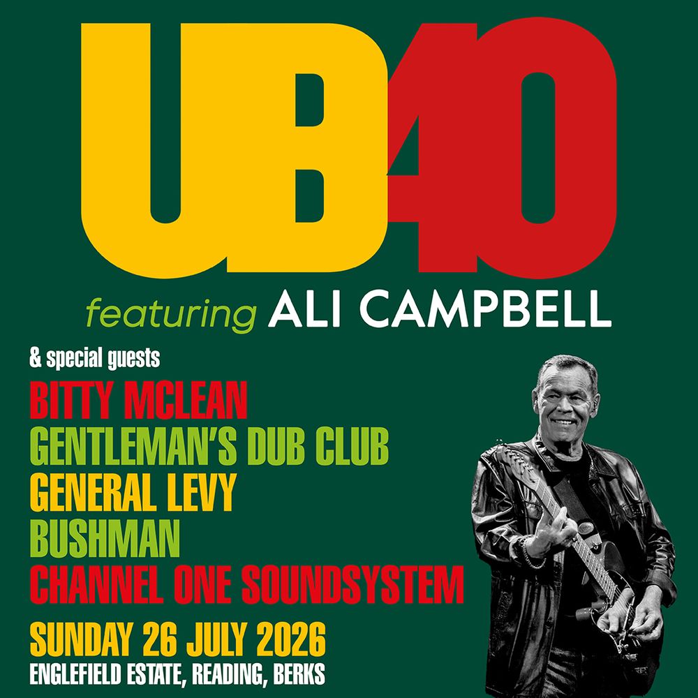 Event poster featuring a black and white photo of Ali Campbell holding a guitar and red and yellow text on a green background