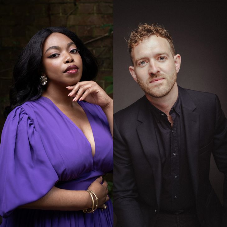 Soprano Francesca Chiejina, a black woman in a purple dress, and Tenor Sam Furnes, a white man in a black suit