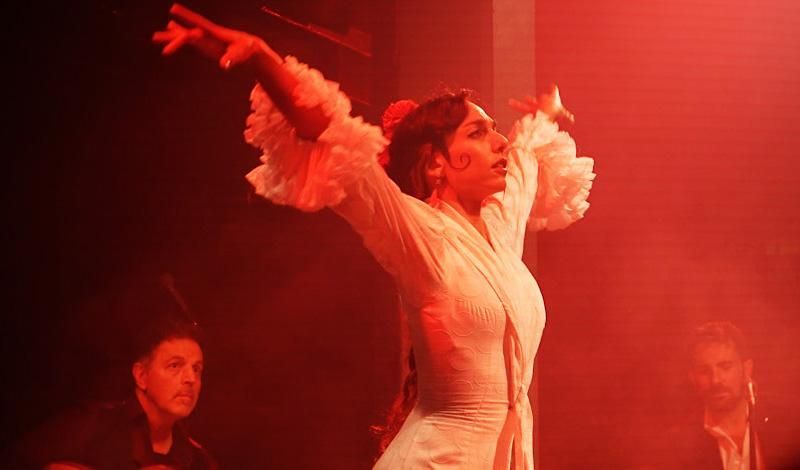 Female flamenco dancer bathed in red light