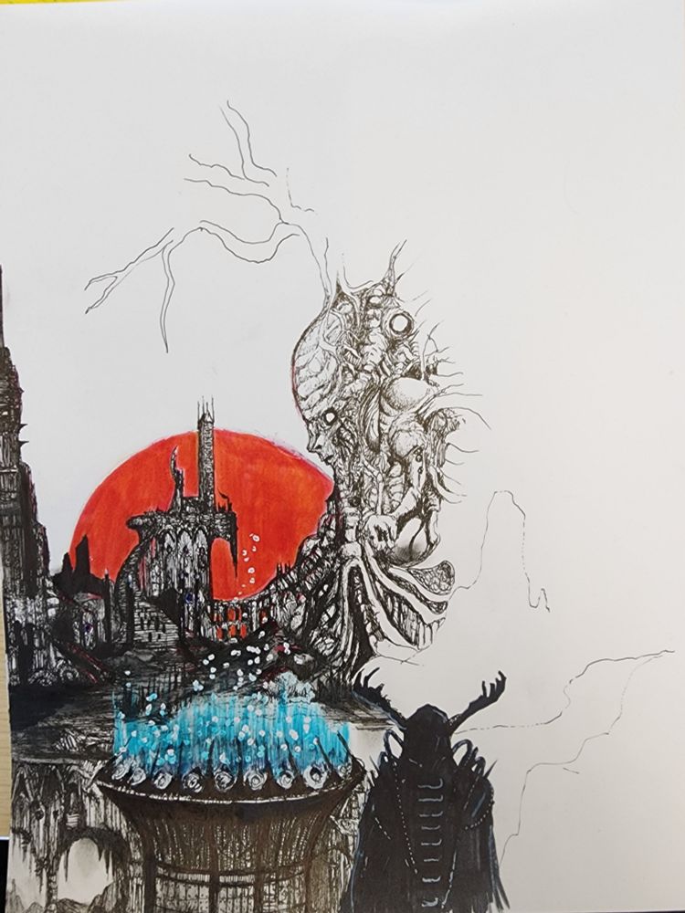 Work in progress/incomplete pen drawing with a shadowy figure in the foreground next to a glowing cauldron with a large twisted humanoid in the distance facing a raised temple against a large red sun