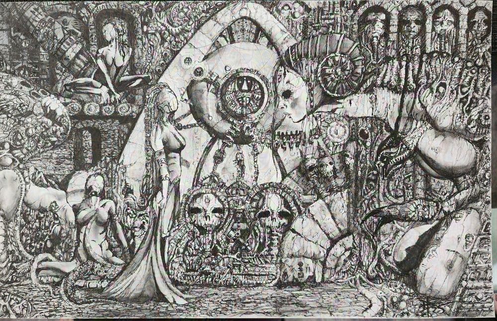 Pen drawing with the main element being a serpentine figure with vaguely feminine human features and a spiral shell like structure on the head, leaning from the right with large black eyes and a body covered with various bony growths like armor down it's back, kneeling on an uneven stone floor. One arm with a couple of large claws is slightly pointed at another figure is visible just below a large obsidian stylized skull pendant. The other figure is standing, holding a flowing robe at the waist, but has a smooth stone face but is otherwise human. In the background, lounging on the ground or on a pillar amount he strange organic shapes while in the background are stone structures that appear to be a temple like complex with a large circular structure that looks to be plugged into the large stylized skulls below it.
