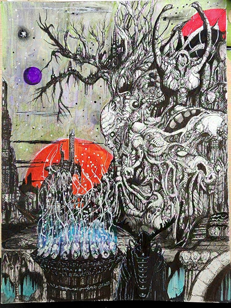 Pen drawing of an alien landscape dominated by a mammoth tree-like structure with a body embedded in it with the face facing a large platform temple like structure with steps down to the plains before it. The tree-like structure flows into various figures and forms with smaller temples and buildings in the "branches". The sky is dominated by a large red moon and the sky is a greenish grey with stars shining through. In the foreground is a figure in silhouette with a horned helmet standing near a caludron of mystical fire.
