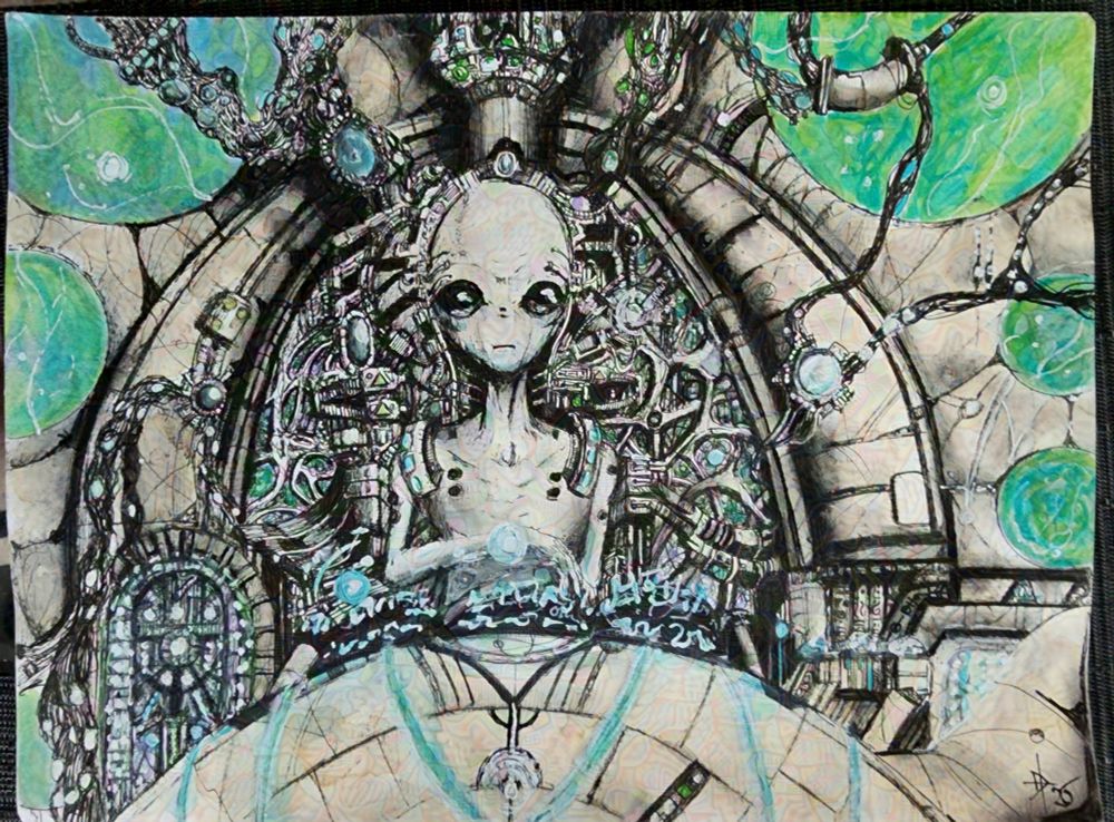 Pen drawing of a standard 'grey' alien type behind a beige coloured console with organic texturing with a glowing set of holographic interface. Various devices and bundles of cables surround it with green and blue circular portals embedded in the rounded metallic background.
