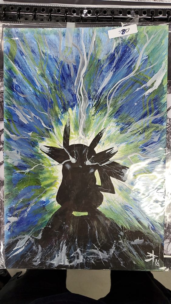 Brushed ink 'painting' of Pikachu silhouetted while energy blasts out from it