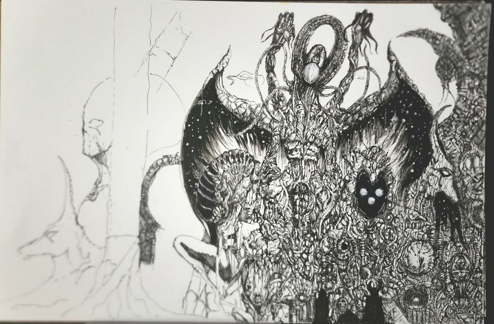 Work in progress pen drawing of a vaguely humanoid being with large wings that flow into space  like void in a twisted landscape