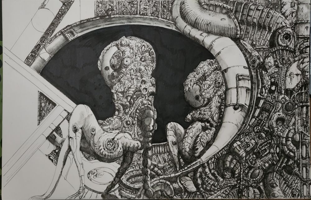 Work in progress pen drawing of strange figures crab walking with thin limbs in front of alien looking technology 